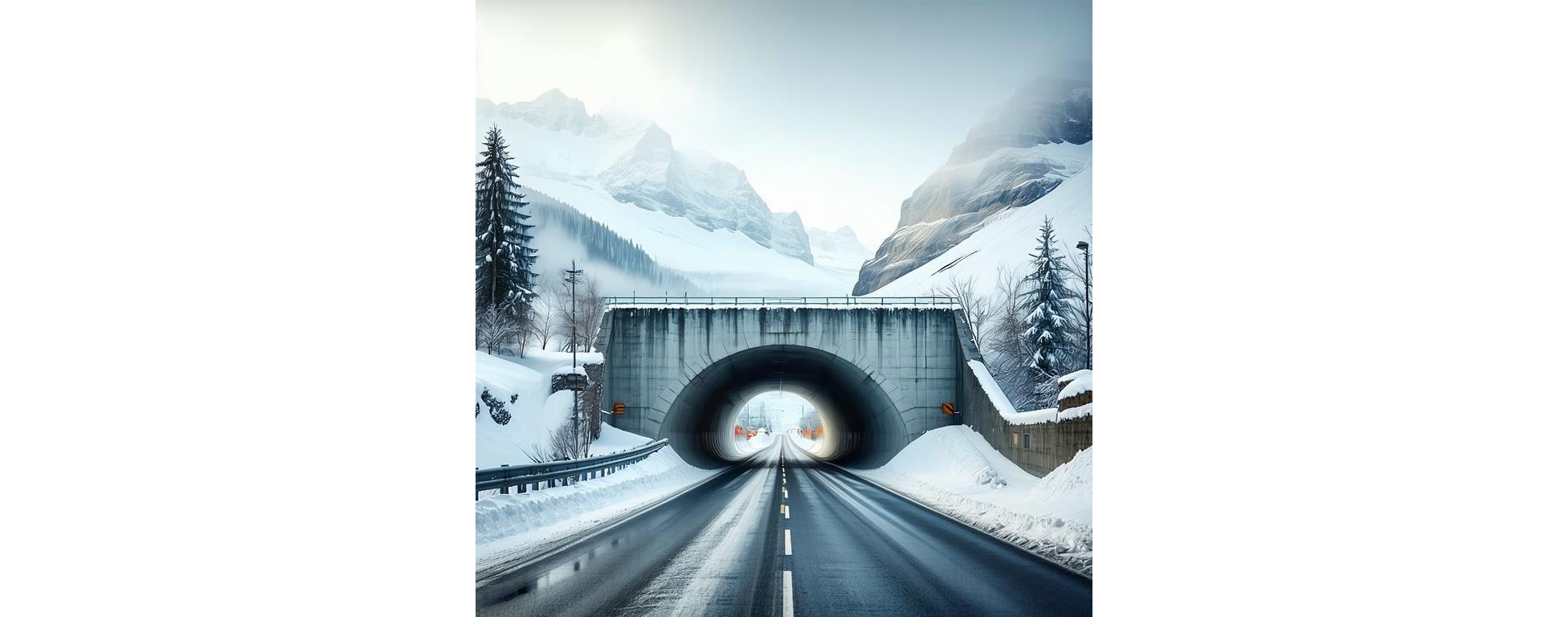 Tauern-Tunnel Einfahrt, umgeben von verschneiten Bergen